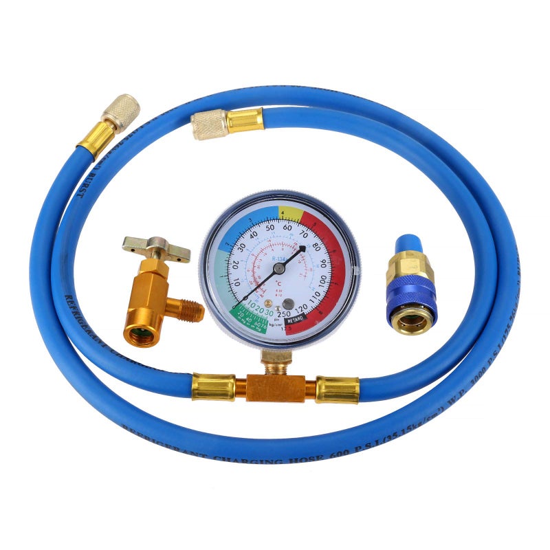 gohantee طقم خرطوم شحن R134a مع مقياس، خرطوم شحن مبرد تكييف 51 بوصة، طقم قياس خرطوم شحن مبرد، صنبور مبرد R-134a ذاتي الإغلاق لتوصيل R-12/R-22، يتضمن وصلة سريعة للجانب المنخفض R134a - Image 1
